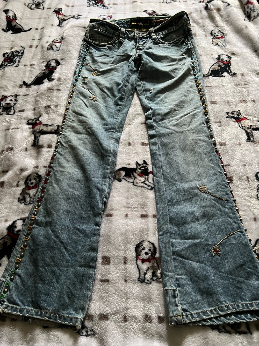 Embroidered Light Blue Flare Jeans with Side Stud Detail